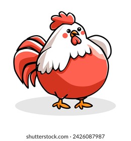 ilustración vectorial de un gallo gordo con una cara feliz, vista lateral en estilo de dibujos animados, aislado sobre fondo blanco