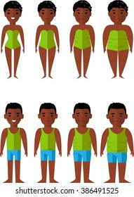 Vector illustration fat and slim african american man woman. Diet concept.
Lifestyle icons set with people losing weight. Set for idea advertise Health.

