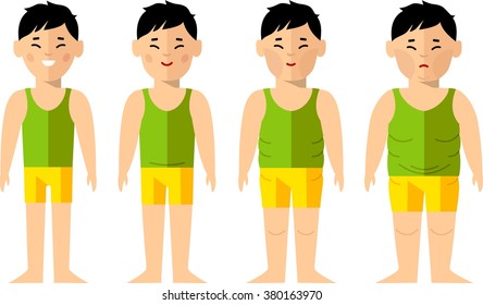 Vector illustration fat and slim asian man. Diet concept.
Lifestyle icons set with people losing weight. Set for idea advertise Health.
