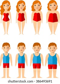 Vector illustration fat and slim people.Diet concept.
Lifestyle icons set with people losing weight. Set for idea advertise Health.