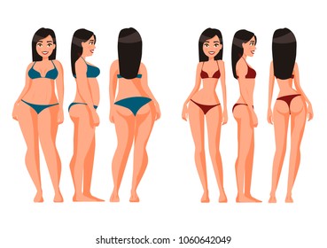 Vector illustration of fat and slim women in underwear. Vector cartoon realistic people illustration. Flat young woman. Front view girl,Side view, Back side view , Isometric view. Losing weight.