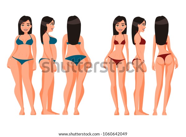 下着を着た太った女性とスリムな女性のベクターイラスト ベクターカートーンのリアルな人物イラスト 平凡な若い女性 正面図の女の子 側面図 背面図 アイソメ図 体重が減る のベクター画像素材 ロイヤリティフリー