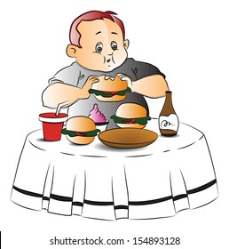 Vector illustration of fat teen boy eating burger at restaurant.