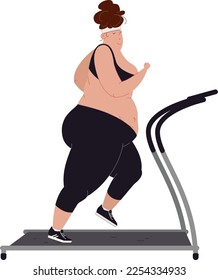 Vector illustration of a fat woman doing jogging on a treadmill simulator in sportswear