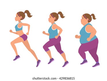 Vector illustration of fat woman jogging to slim shape. Three kinds of female body type.