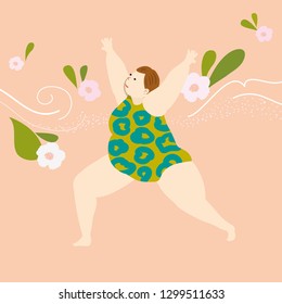 Vector illustration of fat woman posing yoga in pastel background
