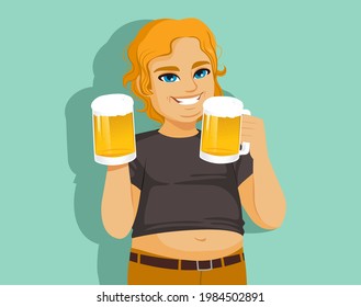 Vector illustration of fat young man drinking two mugs of beer alcohol drink