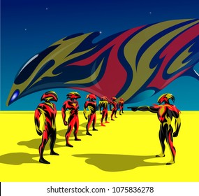 Vector illustration of a fatal future on an alien planet robots cyborgs monsters military squad and a spaceship on a blue and yellow isolate background