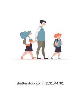 Vector illustration father accompanies his children to school modern style. Couple of schoolgirls with a parent go to school