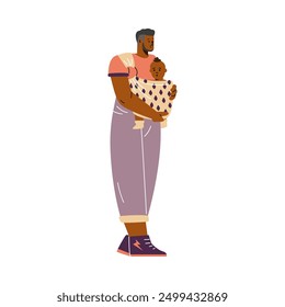 Vector illustration of a father with a baby in a carrier. Full length character in flat style on isolated background. The concept of ease and safety of movement with a small child.