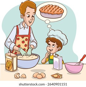 Vector illustration of father and boy making cake or bread in the kitchen