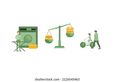 Vector Illustration Of Father Career And Family Balance Metaphors. Parenting, Multitasking, Paternity Leave. Single Dad Plating Spending Time With Child And Working Abstract. Flat Design Illustration