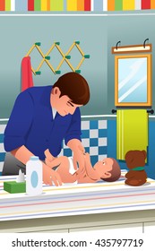 A vector illustration of father changing his child diaper in bathroom