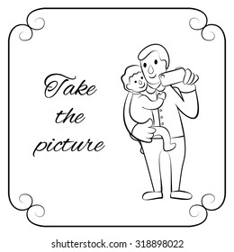 Vector illustration of father and child making selfie photo by phone. Black outline on white background. Concept for happy parenthood, family relationship, fatherhood and good memories. Cartoon style.