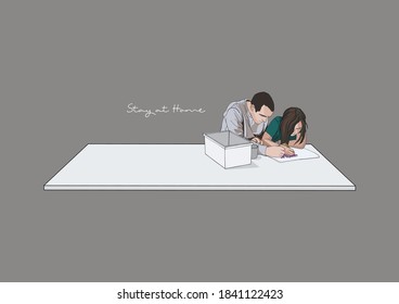 Vector Illustration of Father and Child Working on Table, Stay Home, Stay Safe