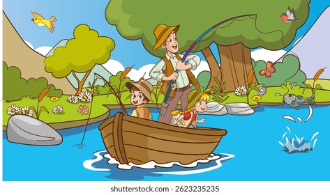 Vector illustration of father and children fishing in boat on lake