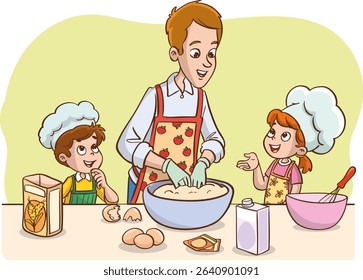 Vector illustration of father and children making cake or bread in the kitchen