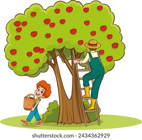 Vektor-Illustration von Vater und Kinder, die Früchte vom Baum pflücken