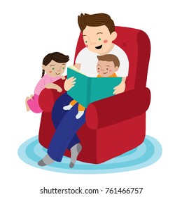 Vector illustration of father and children sitting together in a chair and reading a book