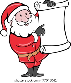 vector illustration of Father Christmas Santa Claus standing with paper scroll list on isolated background done in cartoon style