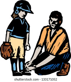 Vector illustration of father or coach tying child's shoe before baseball game