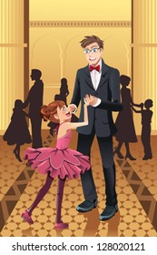 A vector illustration of a father dancing with his daughter in the ballroom