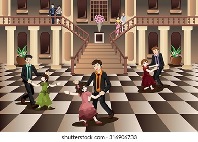 A vector illustration of father dancing with his daughter in the ballroom