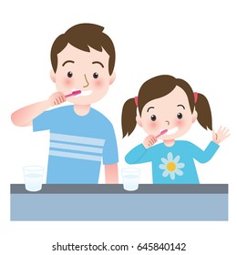 Vector illustration of Father and Daughter Brushing Their Teeth Together Before Bedtime