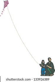 Vector illustration of father and daughter flying kite