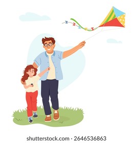 Vector illustration of father and daughter flying kite together Happy dad holding colorful kite, little girl smiling Family fun outdoor activity. Perfect for Father's Day card, banner, poster or print