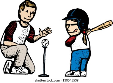 Vector illustration of father and daughter playing baseball