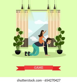 Vector illustration of father and daughter playing games together. Childcare and parenting concept flat style design element.