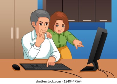A vector illustration of Father and Daughter Working on Computer 
