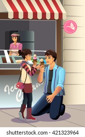 A vector illustration father eating ice cream together and his daughter