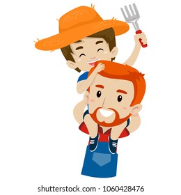 Vector Illustration of a Father Farmer piggy back riding his Son