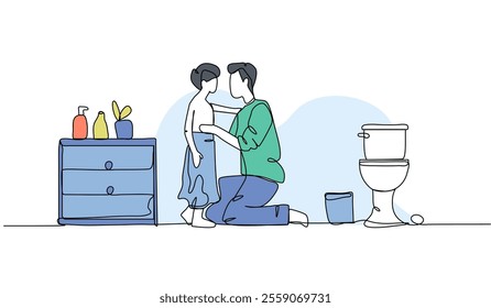 Vector illustration of a father finishes bathing his son. Modern flat in continuous line style.