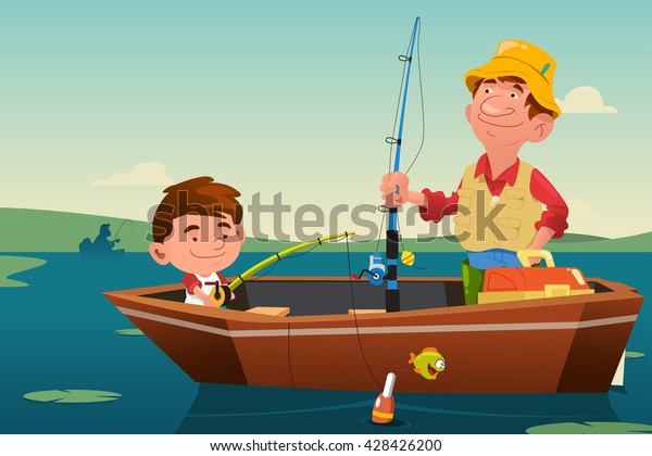 Vector Illustration Father Fishing Together His Stock Vector (Royalty ...