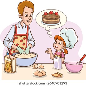 Vector illustration of father and girl making cake or bread in the kitchen