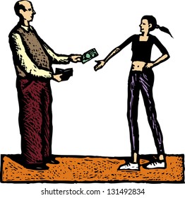 Vector Illustration Of Father Giving Money To His Teen Daughter