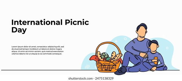 Vector illustration of father having a picnic with his son. Modern flat in continuous line style.
