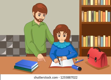 A vector illustration of Father Helping His Daughter Doing Homework