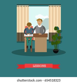 Vector illustration of father helping son to do his homework, to learn lessons. Childcare and parenting concept flat style design element.