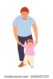 Vector illustration of father helping toddler girl make first steps. Happy dad holding baby daughter by hands, supporting her walk. Flat design for blog, nursery prints and Father's Day greeting card