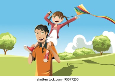 A vector illustration of a father and her daughter playing kite in the park