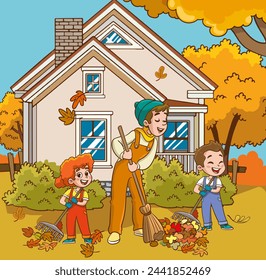 Vector illustration of father and his children sweeping leaves.children helping father with housework.