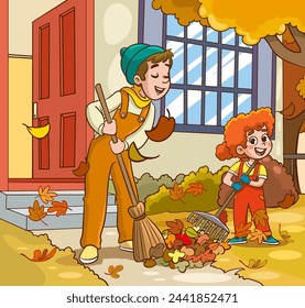 Vector illustration of father and his children sweeping leaves.children helping father with housework.