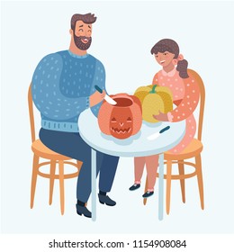 A vector illustration of a father and his daughter carving pumpkins for Halloween. Modern caracters on white background.