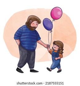 Vector illustration. A father and his daughter holding hands holding balloons happily