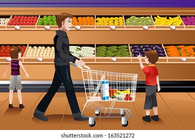 A vector illustration of father and his kids doing grocery shopping together