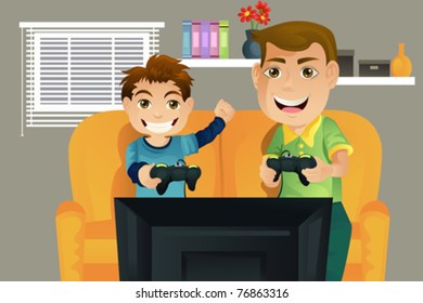 A vector illustration of a father and his son playing video games in the living room